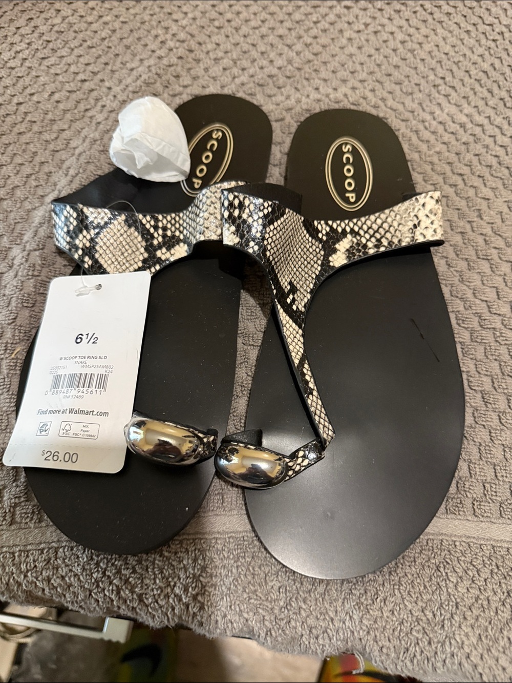 Women's Black Snake-Print Thong Sandals